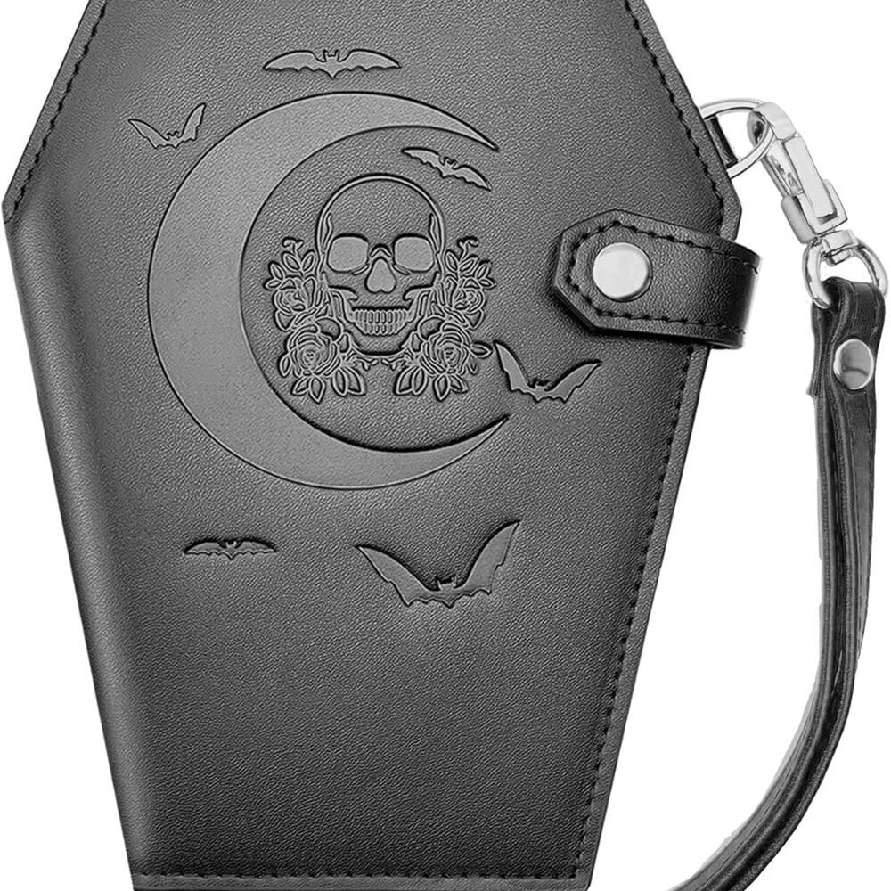 Gothic Faux Leather Coffin Wallet with Skull Design Zipper Snap Closure Women